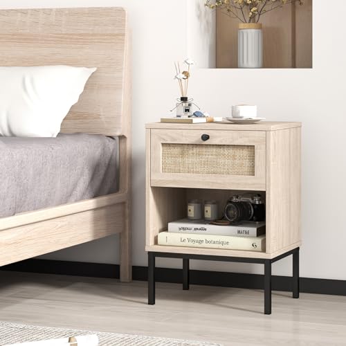 Giantex Rattan Nightstand with Drawer, Boho Side Table with 4 Metal Legs and Open Storage Shelf, Farmhouse Wood Night Stand for Small Spaces, 2 Tier Bedside Table for Bedroom Office, Oak - color: Oak