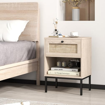 Giantex Rattan Nightstand with Drawer, Boho Side Table with 4 Metal Legs and Open Storage Shelf, Farmhouse Wood Night Stand for Small Spaces, 2 Tier Bedside Table for Bedroom Office, Oak - color: Oak