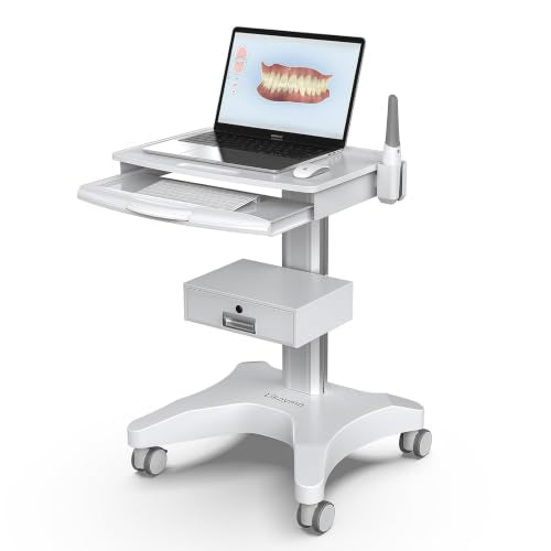 Medical Trolley Cart with Laptop Tray and Oral Scanner Holder, Mobile Workstation on Wheels with a Drawer for Hospital Dental Clinics Beauty Salons (OC-3) | Aviation aluminum, 360° lockable wheels, lockable drawer, 30kg load capacity, universal scanner ho