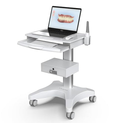 Medical Trolley Cart with Laptop Tray and Oral Scanner Holder, Mobile Workstation on Wheels with a Drawer for Hospital Dental Clinics Beauty Salons (OC-3) | Aviation aluminum, 360° lockable wheels, lockable drawer, 30kg load capacity, universal scanner ho