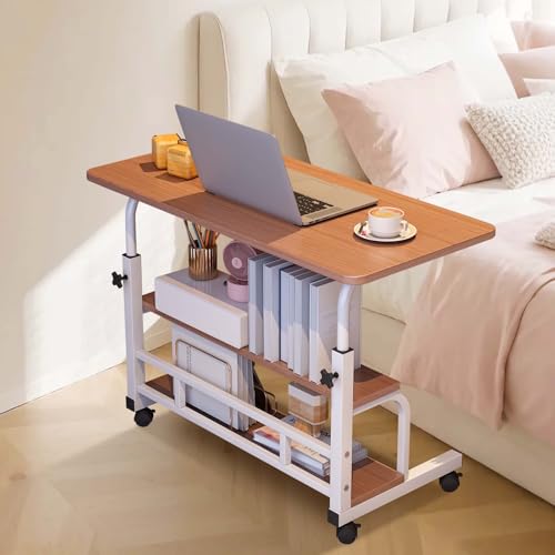 Adjustable Height Mobile Standing Desk with Wheels – Portable Rolling Computer Table – Storage Shelves – Bedside, School & Home Office – Walnut Color - color: Walnut Color 80 X 40cm