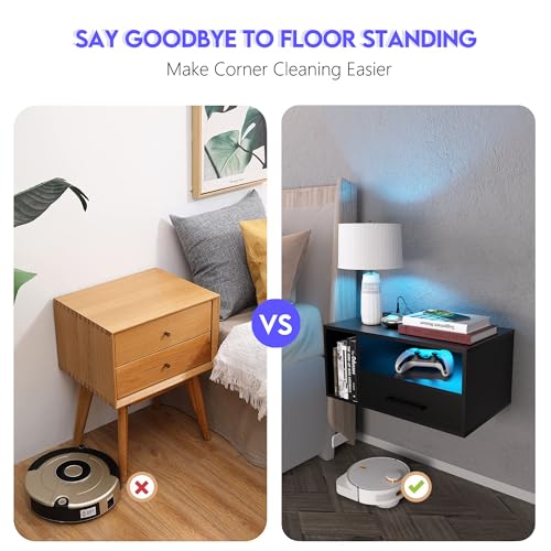 Homaterial Floating Nightstand with Charging Station and LED Lights, Floating Bedside Table with Drawers Wall Mounted Nightstands,for Bedroom Room, 21.3" x 11.8" x 10",Black - color: Black