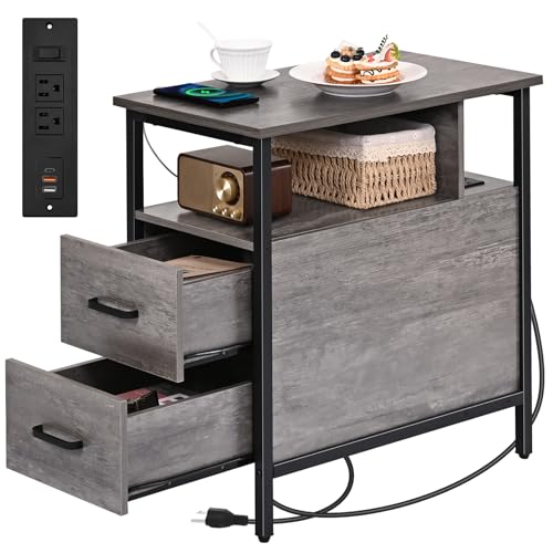 Livofloral Side Table, Gray End Tables with Charging Station, Narrow End Table with Wooden Drawers, USB Ports and Power Outlets, Nightstand and Bedside Table, Side Table Living Room, Bedroom - color: Light Gray