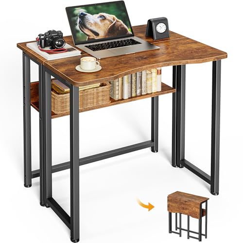 Huuger Folding Desk with Storage Shelf, 23.6 Inch Foldable Computer Table for Small Spaces, Space Saving Sofa Table for Couch, Writing Work Office Computer Desk, Easy to Fold, Rustic Brown - color: Rustic Brown, size: 18.5"D x 23.6"W
