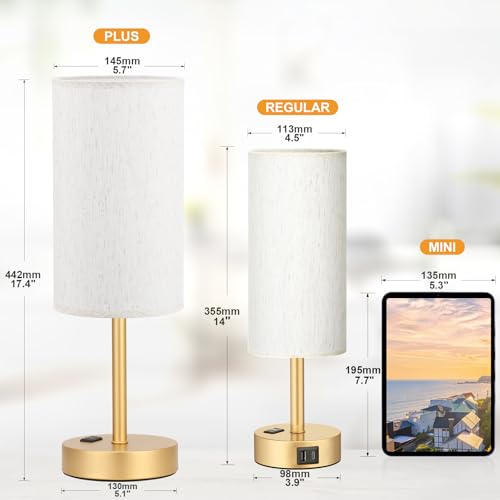 Touch Table Lamp - Cream, 3-Way Dimmable, USB A + C Charging, AC Outlet, 17.4inch Medium, Gold Metal Base - color: Cream - Gold, size: 17.4" Touch Control