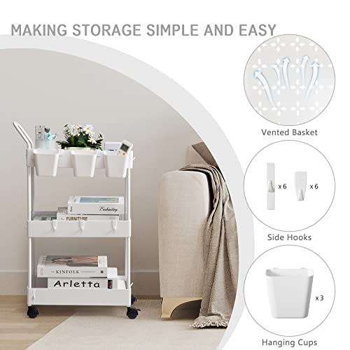 danpinera Storage Cart on Wheels, 3 Tier Slim Laundry with Wheels Bathroom Organizer with Hanging Cups Hooks Dividers Handle Mobile Rolling Art Cart for Bathroom Kitchen Narrow Places, White - style: 3 Tier White
