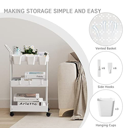 danpinera Storage Cart on Wheels, 3 Tier Slim Laundry with Wheels Bathroom Organizer with Hanging Cups Hooks Dividers Handle Mobile Rolling Art Cart for Bathroom Kitchen Narrow Places, White - style: 3 Tier White
