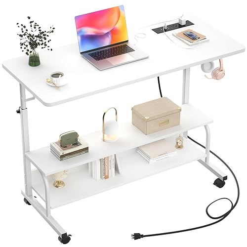 Armocity Rolling Standing Desk with Charging Station, Portable Height Adjustable Mobile Computer Desk with Wheels & 2-Tier Shelves & Hooks, Easy Assembly Laptop Table for Couch Bed, 39" White - color: White, size: 39''