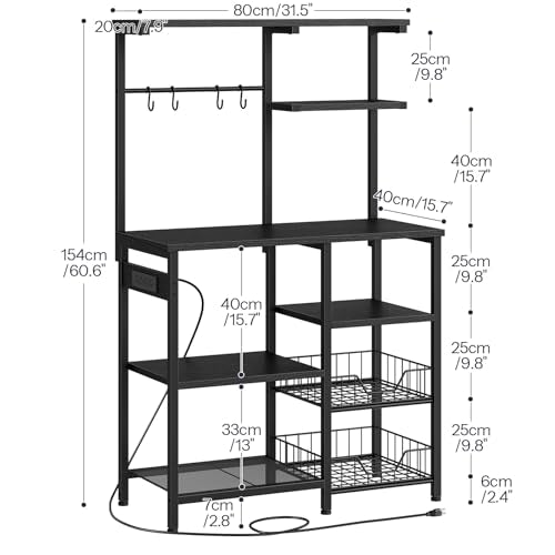 HOOBRO Large Bakers Rack with Power Outlets, 6-Tier Microwave Stand with 4 Hooks, Coffee Bar, Kitchen Shelf with Wire Basket, for Kitchen, Living Room, Office, Black BB64UHB01 - color: Black
