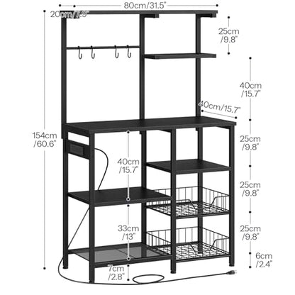 HOOBRO Large Bakers Rack with Power Outlets, 6-Tier Microwave Stand with 4 Hooks, Coffee Bar, Kitchen Shelf with Wire Basket, for Kitchen, Living Room, Office, Black BB64UHB01 - color: Black