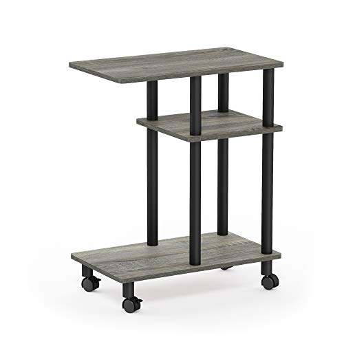 Furinno Turn-N-Tube Side Table, 3-Tier C-Shape End Table with Wheels, Toolless Assembly Night Stand, Bedside Table with Open Shelf, for Living Room, Bedroom, Grey Oak/Black - color: Grey Oak/Black