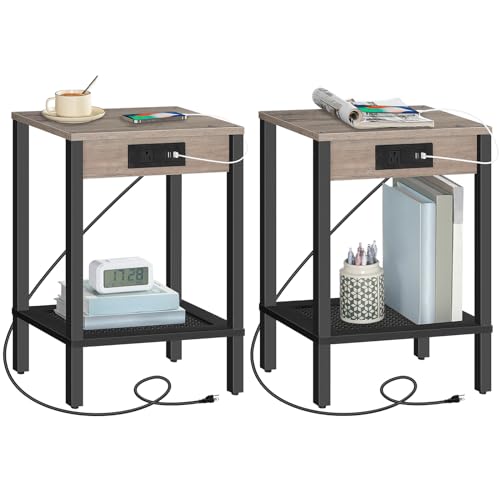 HOOBRO Side Table with Charging Station, Set of 2 End Table with USB Ports and Outlet, Nightstand with 2-Tier Storage Shelf, Faux Rattan Decoration, for Small Space, Greige and Black BG91UBZP201 - color: Greige + Black