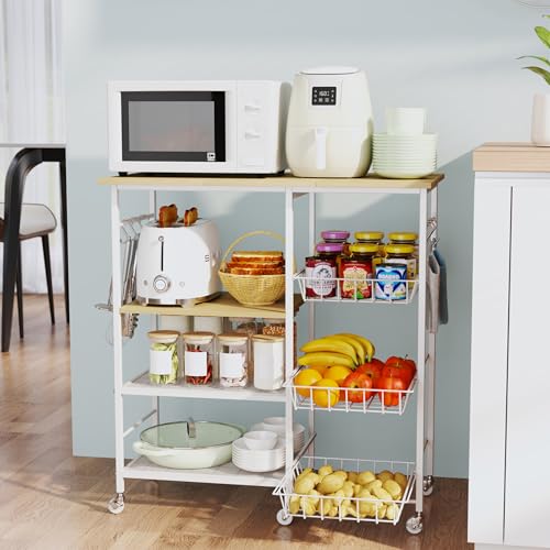 HapiRm Rolling Kitchen Microwave Cart - 4 Tier Microwave Table Stand with Pull-Out Baskets, Coffee Bar Baker's Rack with Wheels Rolling Storage Cart Organizer Shelf for Living Room Office, Balcony - color: White-xl