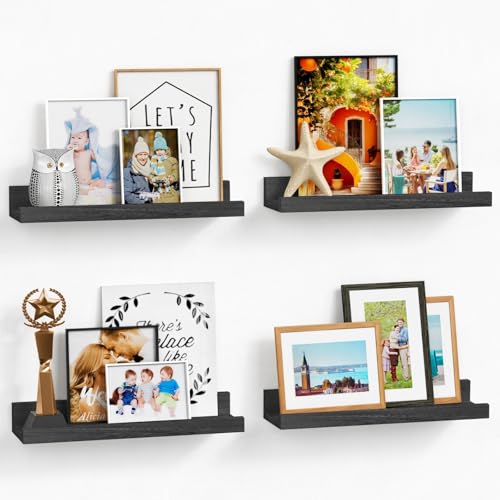 Forbena Black Picture Ledge Shelf, Floating Shelves with Lip for Wall, Small Wall Shelves for Bathroom Bedroom Kitchen Office Living Room Books, Art Pictures, Photo Frame, Plants (4-Pack, Real Wood) - color: Black, size: 16 Inch