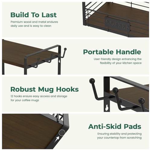 EsLuker.ly Coffee Mug Cup Holder Tree Bar Station Organizer, 2 Tier Mug Stand Rack for Countertop Kitchen, Storage Tower Display Shelf with 12 Hooks, Coffee Nook Enhancer, Brown-Black - color: Brown + Black