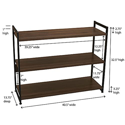 Household Essentials Jamestown Wide 3 Shelf Open Storage Bookshelf Mid Century Walnut Wood Grain and Black Metal - color: Walnut