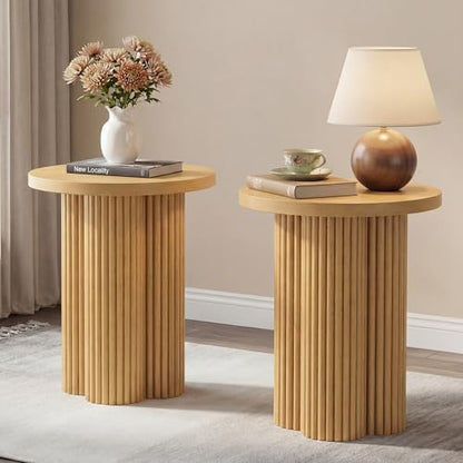 Small Sofa Side Table Set of 2, Fluted Accent Pedestal End Table, Wood Round Night Stand, Farmhouse Bed Side Table Drink Tables for Living Room, Small Spaces (Natural-2PCS) - color: Natural-2pcs