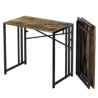 Lutown-Teen 35 inch Small Folding Computer Desk, Writing Gaming Computer Desk for Small Spaces, No Assembly Required Home Office Tale, Rustic Brown - color: Rustic Brown, size: 35 Inch