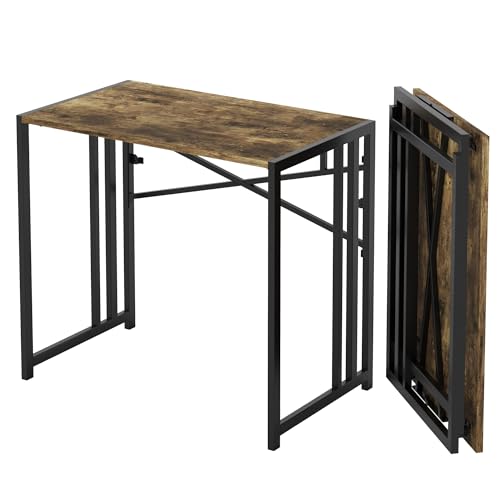 Lutown-Teen 35 inch Small Folding Computer Desk, Writing Gaming Computer Desk for Small Spaces, No Assembly Required Home Office Tale, Rustic Brown - color: Rustic Brown, size: 35 Inch