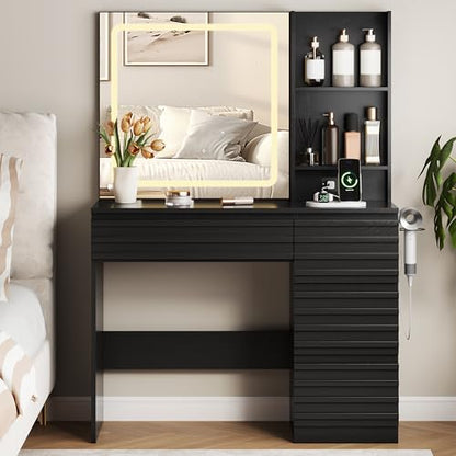 Makeup Vanity Desk with Lights, Fluted Vanity with 4 Drawers, Open Shelves, Power Outlet, LED Lighted Mirror, 3 Lighting Modes & Brightness Adjustable, Wood Dressing Table for Bedroom,Black - color: Black