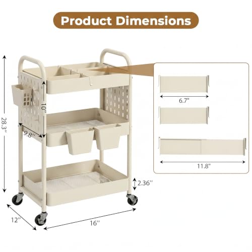 danpinera 3 Tier Rolling Cart with Retractable Dividers, Multi-Functional White Rolling Utility Cart with Pegboards, Hooks & Hanging Cups for Nursery, Living Room, Studio - color: Beige