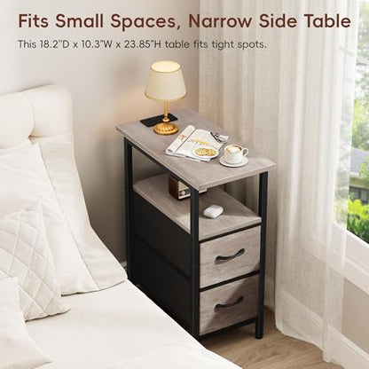 Vagusicc Set of 2 Nightstand with Charging Station and LED Lights, Narrow Side Table, LED Night Stand with 2 Fabric Drawers, Bedside Table Small End Table, Tall Nightstand for Bedroom, Rustic Grey - color: Greige, size: 2, style: With LEDs