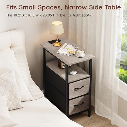 Vagusicc Set of 2 Nightstand with Charging Station and LED Lights, Narrow Side Table, LED Night Stand with 2 Fabric Drawers, Bedside Table Small End Table, Tall Nightstand for Bedroom, Rustic Grey - color: Greige, size: 2, style: With LEDs