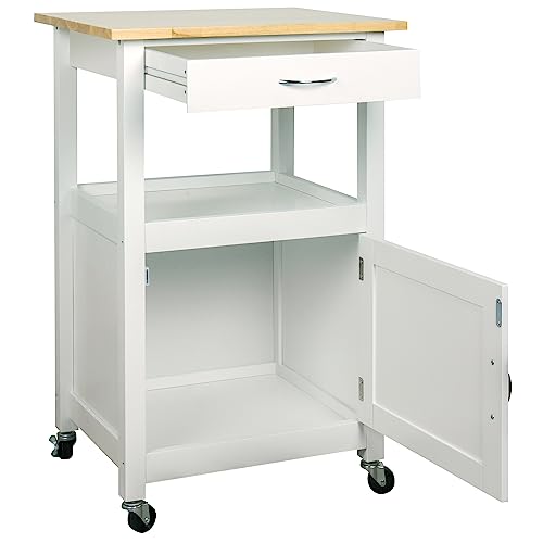 eHemco Kitchen Island Cart on Wheels, White Base | Drawer, Storage Cabinet, Shelf, Natural Solid Hardwood Top - color: White