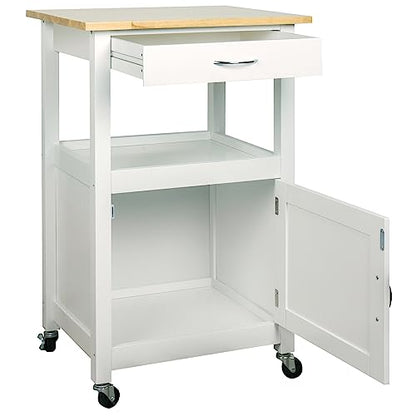 eHemco Kitchen Island Cart on Wheels, White Base | Drawer, Storage Cabinet, Shelf, Natural Solid Hardwood Top - color: White