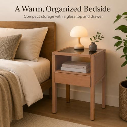 Bamboo Nightstand Small Bedside Tables with Drawer, Tea | Tempered Glass Top, Open Shelf, Mid Century Modern Night Stand for Bedroom, Living Room, Apartment, Small Space - color: Tea Color Glass