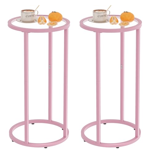 C Table Side End Table,Glass Couch Table Set of 2, Round Sofa End Table with Metal Frame, Small Snack Table for Living Room, Bedroom, Small Spaces, Easy Assembly (Pink,2pcs) - color: Pink