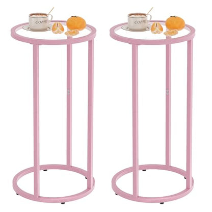 C Table Side End Table,Glass Couch Table Set of 2, Round Sofa End Table with Metal Frame, Small Snack Table for Living Room, Bedroom, Small Spaces, Easy Assembly (Pink,2pcs) - color: Pink