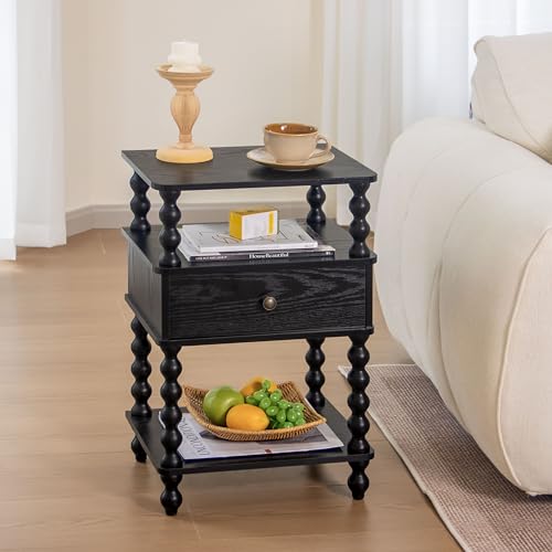 AWASEN Black Nightstand, Bed Side Table Bedroom with Drawer, 3-Tier Small Night Stand End Table with Storage for Small Spaces &Solid Wood Spindle Legs, Black - color: Black