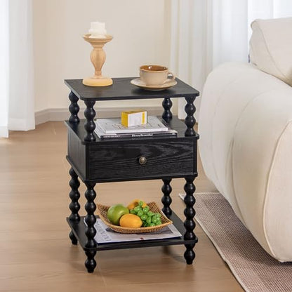 AWASEN Black Nightstand, Bed Side Table Bedroom with Drawer, 3-Tier Small Night Stand End Table with Storage for Small Spaces &Solid Wood Spindle Legs, Black - color: Black
