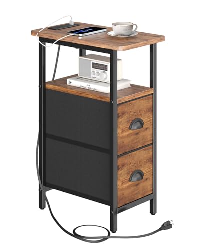 sthmec Narrow End Table with Charging Station, Narrow Side Table with 2 Fabric Drawers, Slim Nightstand, Skinny Bedside Table, Small Side Table for Small Spaces, Living Room, Bedroom, Rustic Brown - color: Rustic Brown, size: 7.87'' W x 15.75'' D x 24.37'