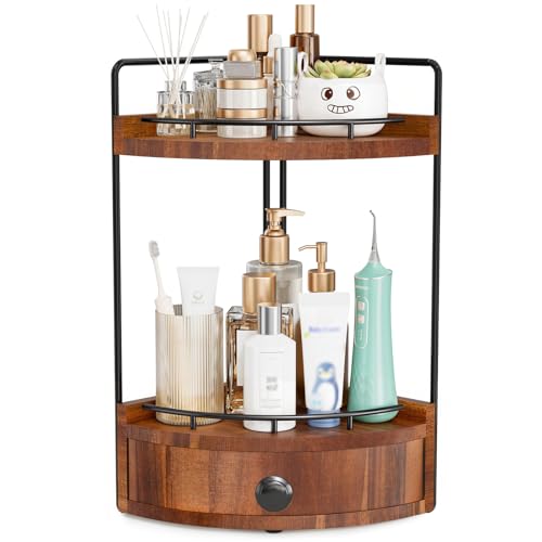 2-Tier Corner Bathroom Counter Organizer with Drawer, Acacia Wood-Brown | Embedded Screw Holes, Wooden Countertop Organizers, Space-Saving, Bottom Ventilation Design, Counter Shelf for Vanity - color: Acacia wood-Brown