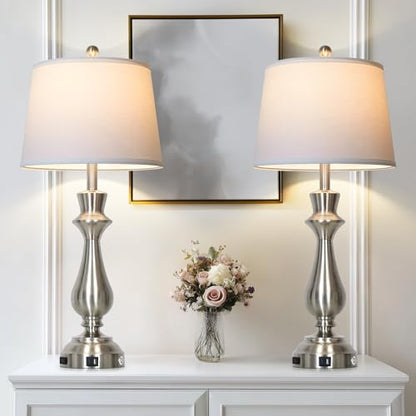 Silver Touch Lamps for Night Stands Set of 2-29.5" Tall Bedside Lamp with USB C+A, 3 Way Dimmable Bedroom Lamps, Brushed Nickel Table Lamps for Living Room - color: Silver
