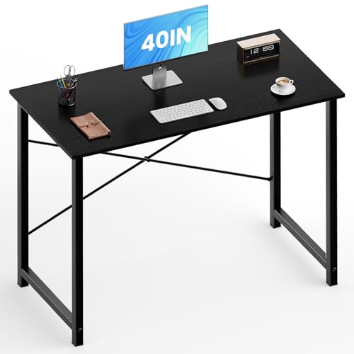 OLIXIS 40-Inch Small Computer Desk for Home Office, Black | Gaming Writing Work and Study Desk for Bedroom, Sturdy Metal Frame, Compact Modern Design - color: Black, size: 40-In