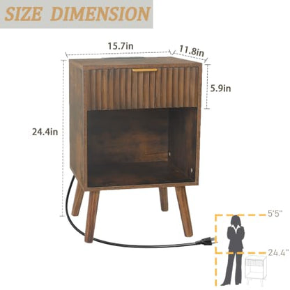 Fultyle Mid Century Modern Nightstand with Charging Station, Modern Bedside Table with Fluted Drawer and Storage Shelf, End Side Tables Living Room for Bedroom, Office (Rustic Brown) - color: Rustic Brown With Charging Station