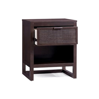 Teamson Home Hatteras 20" W Nightstand with 1 Deep Drawer and Open Shelf Storage in Coastal Modern Style, Ball Bearing Glides, Pine Wood Frames and MDF with Rattan, Espresso Finish | 1 Deep Drawer, Open Shelf Storage, Coastal Modern Style, Pine Wood & MDF