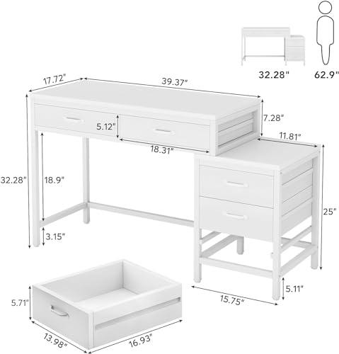 Tribesigns Computer Desk with 5 Drawers, Home Office Desks with Reversible Drawer Cabinet Printer Stand, Industrial PC Desk with Storage, White Study Writing Table Workstation for Small Spaces - color: White