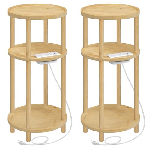 HOOBRO Set of 2 Small Round Side Tables with Charging Station, 3-Tier Round Bamboo End Tables, Easy Assembly, for Living Room, Bedroom, Apartment, Natural YL152UBZP201 - color: Natural