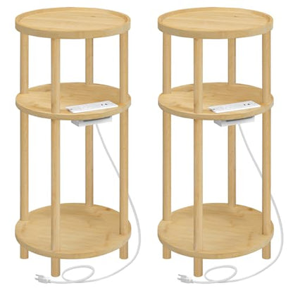 HOOBRO Set of 2 Small Round Side Tables with Charging Station, 3-Tier Round Bamboo End Tables, Easy Assembly, for Living Room, Bedroom, Apartment, Natural YL152UBZP201 - color: Natural