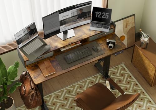 Claiks Standing Desk with Drawers, Stand Up Electric Standing Desk Adjustable Height, Sit Stand Desk with Storage Shelf and Splice Board, 55 Inch, Rustic Brown - color: Rustic Brown, size: 55.1×23.6