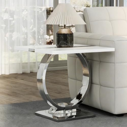 Asday 23.6" White and Silver End Table, Modern Side Table with Glossy Wooden Top and Stainless Steel U-Shaped Base, Accent Table for Living Room, Bedroom, Lounge - color: White and Silver, size: Set of 1