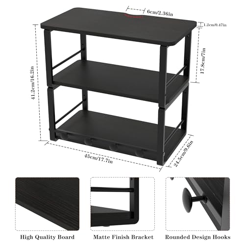 ANYHI Wall Mounted Three-Tier Floating Shelves for Living Room/Bedroom/Kitchen/Bathroom, Wood Floating Shelf with 4 Hooks for Books/Storage/Decor, Bedside Shelves, Black Nightstand
