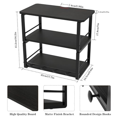 ANYHI Wall Mounted Three-Tier Floating Shelves for Living Room/Bedroom/Kitchen/Bathroom, Wood Floating Shelf with 4 Hooks for Books/Storage/Decor, Bedside Shelves, Black Nightstand