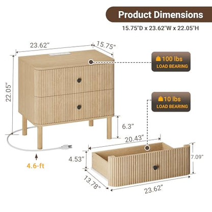 23" Fluted Nightstand with Soft Rounded Drawer Fronts & Solid Wood Cylindrical Legs, 2 Drawer Night Stand with Charging Station,End Table w/Metal Knobs,Bedside Table for Bedroom,Natural Oak - color: Natural Oak - Rounded Drawer, size: 23"W