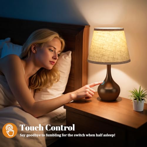 Seealle Touch Table Lamp for Bedroom, 3-Way Dimmable Small Bedside Lamps for Night Stands with Wires, Brown Desk Lamp for Kids Room, Office, Living Room, End Table(LED Bulb Included) - color: J. Beige Shade & Brown Base