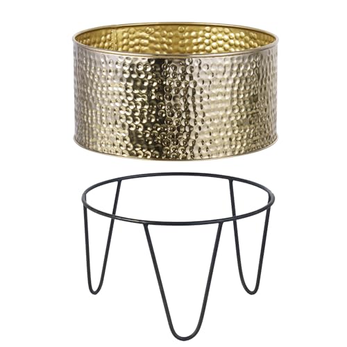 MyGift Modern Brass Tone Metal Planter Pots with Pebbled Texture, Hammered Plant Containers with Matte Black Wire Stands, 2 Piece Set, 8 and 10 Inch - Handcrafted in India - color: Brass